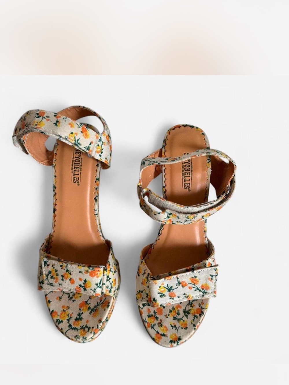 Seychelles Floral Ankle-Strap Sandals in Cream with Orange and Green